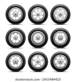 Realistic wheels rim. Isolated car tire with alloy or chrome disk, 3d tune wheel type new tyre automotive sport equipment auto machine tires street race nowaday vector illustration