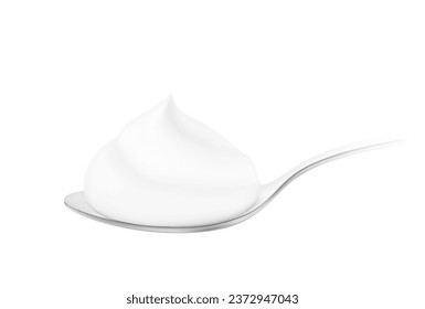 Realistic whipped cream, jogurt on the spoon mockup. Vector illustration isolated on white background. Ready for use in your design. EPS10.