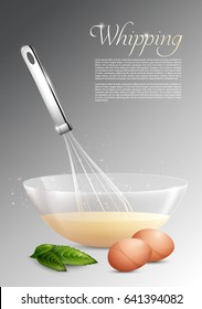 Realistic whipping process concept with whisk eggs leaves and bowl of dough on gray background isolated vector illustration