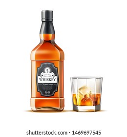 Realistic whiskey glass and bottle. Traditional alcohol drink bottles mockup. Brandy, scotch brown beverage bottles. Vector strong alcohol drinks.