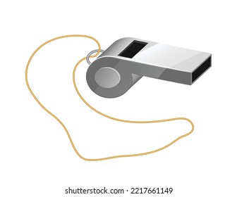 Realistic whistle for football or soccer referee realistic metal item isolated on white background. Sport coach accessory icon for training or competition. 3d vector illustration