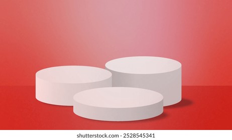 Branco realista 3 passo cilindro pedestal pódio no fundo gradiente de cor vermelha. Design de formas geométricas de renderização de vetor. Cena mínima. sombra. Exibição de palco, exibição de produtos Mockup.