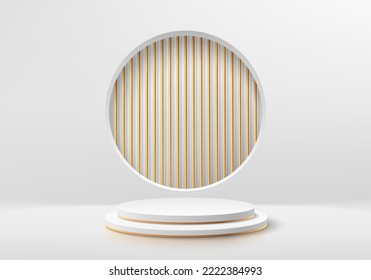 Realistisches weißes 3D-Zylinder-Podium mit luxuriösem goldenen Tube auf rundem Hintergrund. Abstrakte geometrische Vektor-Formen. Minimale Wand-Mockup-Produkte, Stage-Showcase, Promotion-Display.