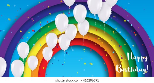 Realistic White 3d Balloons fly to sky.  Blue sky with origami clouds and rainbow. Vector applique illustrations. Happy Birthday background with confetti.