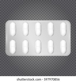 Realistic white 3d blister with capsules. Vector medical  tablet isolated on transparent background.