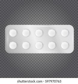 Realistic white 3d blister with tablets. Vector medical drugs isolated on transparent background.