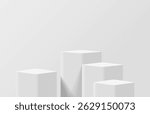 Realistic white 3d cube podium pedestal or product display stand. Minimal wall scene for product display presentation. Vector geometric platform. Stage for showcase. 3D vector rendering.