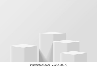 Realistic white 3d cube podium pedestal or product display stand. Minimal wall scene for product display presentation. Vector geometric platform. Stage for showcase. 3D vector rendering.