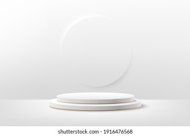 Realistic white 3D cylinder pedestal podium with circles texture on the wall background. Vector abstract with geometric forms. Luxury minimal scene for mockup products showcase, Promotion display.