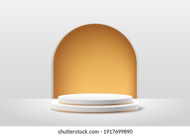 Realistic white 3D cylinder pedestal podium with golden in arch window on wall. Vector abstract background with geometric forms. Luxury minimal scene for mockup products showcase, Promotion display.