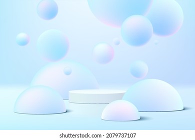 Realistic white 3D cylinder pedestal podium with blue hologram sphere ball or bubbles flying. Vector abstract studio room geometric platform. Minimal scene for products showcase, Promotion display.