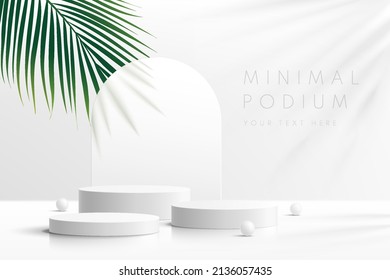 Realistic white 3D cylinder pedestal podium set with green palm leaf. Minimal scene for products stage showcase, promotion display. Vector geometric forms in shadow. Abstract clean studio room design.