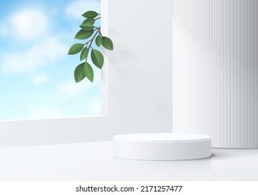 Realistic white 3D cylinder pedestal podium with blue sky and green leaf background. Vector luxury geometric forms. Abstract minimal scene for mockup products, stage showcase, promotion display.