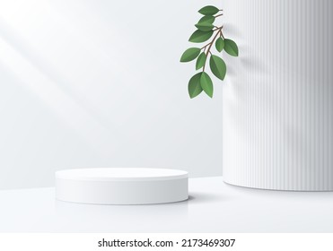 Realistic white 3D cylinder pedestal podium with white pillar and green leaf background. Vector luxury geometric forms. Abstract minimal scene for mockup products, stage showcase, promotion display.