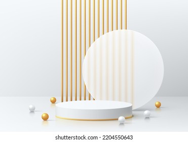 Realistic white 3D cylinder pedestal podium with golden lines pattern and circle scene background. Vector abstract geometric forms. Luxury minimal scene mockup products showcase, Promotion display.