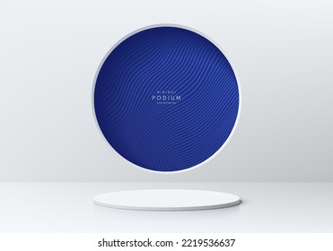 Realistic white 3D cylinder pedestal podium with dark blue wavy pattern in circle window background. Vector abstract geometric forms. Minimal scene mockup products stage showcase, Promotion display.