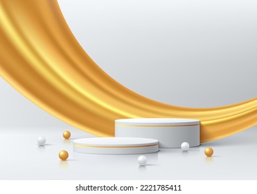 Realistic white 3D cylinder pedestal podium with golden curve wavy and sphere ball background. Vector abstract geometric forms. Luxury minimal scene mockup products stage showcase, Promotion display.