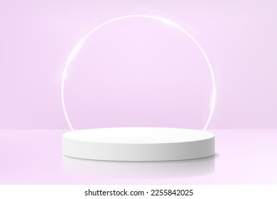 Realistic white 3D cylinder pedestal podium with glowing neon ring backdrop on purple background. White minimal wall scene for product display presentation. Vector geometric rendering platform .