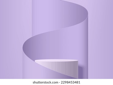 Fondo del podio del cilindro 3D blanco real con fondo de papel de rollo morado. Muestra de escena de productos de simulación de escenas minimalistas de pared, pantalla de promoción cosmética. Plataforma vacía abstracta de vectores.