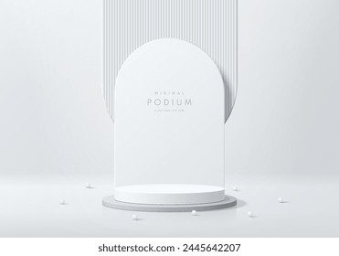 Realistic white 3D cylinder pedestal podium background with overlap arch backdrop scene. Minimal mockup or abstract product display presentation, Stage showcase. Platforms vector geometric design.