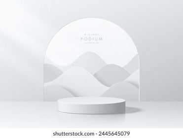 Realistic white 3D cylinder podium background with layers wavy paper cut in arch window. Minimal mockup or abstract product display presentation, Stage showcase. Platforms vector geometric design.