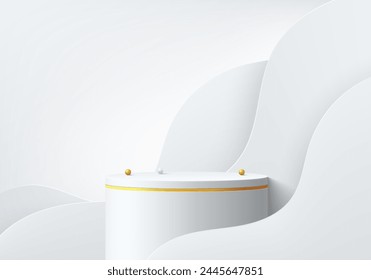 Realistic white 3D cylinder podium background with wavy backdrop luxury scene and beads ball. Minimal mockup or abstract product display presentation, Stage showcase. Platforms vector geometric design