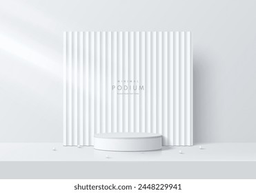 Realistic white 3D cylinder podium background with serrated pattern backdrop wall scene. Minimal 3D mockup or abstract product display presentation, Stage showcase. Platforms vector geometric design.