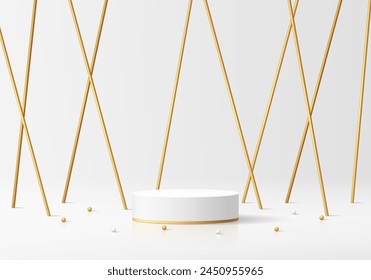 Realistic white 3D cylinder product podium background with luxury golden pillars backdrop wall scene. Abstract minimal 3D mockup display presentation, Stage showcase. Platforms vector geometric design