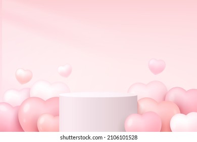 Realistic white 3D cylinder stand or podium with light pink balloons heart shape. Valentine minimal scene for products showcase, Valentine day promotion display. Abstract studio room platform design. 