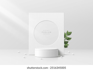 Realistic white 3D cylindrical pedestal podium background with square backdrop, Green leaf. Minimalist mockup pedestal, Abstract product display presentation, Stage showcase. Platforms vector design.