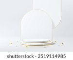 Realistic white 3D cylindrical podium background with overlap arch backdrop scene, gold ball. Minimalist mockup pedestal, Abstract product display presentation, Stage showcase. Platforms vector design