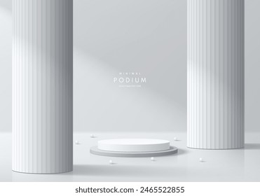 Realistic white 3D cylindrical podium background with huge pillars, beads ball wall scene. Minimal mockup or abstract product display presentation, Stage showcase. Platforms vector geometric design.