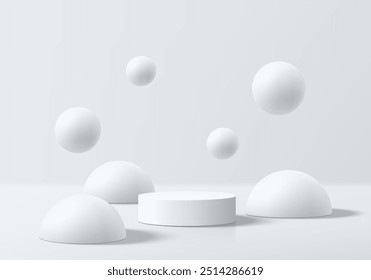 Fundo de pódio cilíndrico branco 3D realista com bolhas flutuantes ou cena de bola de salto. Pedestal de maquete minimalista, apresentação abstrata da exposição do produto, vitrine do palco. Design vetorial de plataformas.