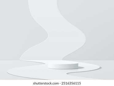 Realistic white 3D cylindrical podium background with free forms gray wall scene. Minimalist mockup pedestal, Abstract product display presentation, Stage showcase. Platforms vector geometric design.