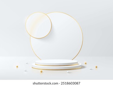 Fondo de podio cilíndrico 3D blanco realista con escena de fondo de círculos dorados superpuestos. Pedestal de maqueta minimalista, presentación Abstractas del producto, escaparate del escenario. Diseño de Vector de plataformas.