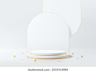 Fondo de podio cilíndrico 3D blanco realista con escena de fondo de arco superpuesto, bola de oro. Pedestal de maqueta minimalista, presentación Abstractas del producto, escaparate del escenario. Diseño de Vector de plataformas