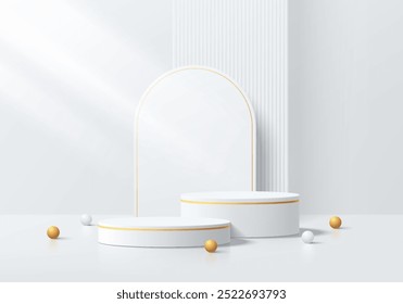 Fundo de pódio cilíndrico branco realista 3D com bola dourada, cena de parede de fundo do arco. Pedestal de maquete minimalista, apresentação abstrata da exposição do produto, vitrine do palco. Design vetorial de plataformas.