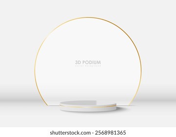 Realistic white 3D cylindrical podium background with floating overlap circles gold lines. Minimalist mockup pedestal, abstract product display presentation, Stage showcase. Platforms vector design.