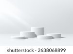 Realistic white 3D cylindrical product podium background in white empty clean wall scene. 
Abstract minimal 3D mockup, Product display presentation, 
Stage showcase. Platforms vector geometric design.