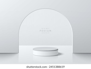 Realistic white 3D cylindrical product podium background in arch gate backdrop wall scene. Abstract minimal 3D mockup, Product display presentation, Stage showcase. Platforms vector geometric design.