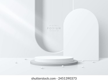 Realistischer weißer 3D-zylindrischer Produkt-Podium-Hintergrund mit Bogenfenster-Wandszene. Abstraktes 3D-Modell, Banner-Produktpräsentation, Bühnenvitrine. Geometrisches Design der Vektorgrafik