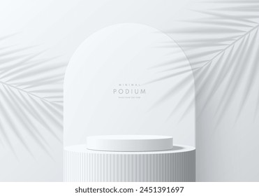 Realistic white 3D cylindrical product podium background on white huge pillar scene. Abstract luxury minimal 3D mockup, Product display presentation, Stage showcase. Platforms vector geometric design.