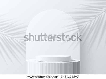 Realistic white 3D cylindrical product podium background on white huge pillar scene. Abstract luxury minimal 3D mockup, Product display presentation, Stage showcase. Platforms vector geometric design.