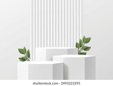 Realistic white 3D hexagon podium set with leaf, serrated pattern wall scene. Minimalist 3D mockup abstract cosmetic product display presentation, Stage showcase. Platforms vector geometric design.