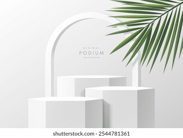 Realistic white 3D hexagon podium set with palm leaf and arch frame backdrop scene. Minimalist mockup pedestal, Abstract cosmetic product display presentation, Stage showcase. Platforms vector design.