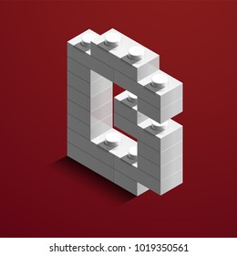 Realistic white 3d isometric letter B of the alphabet from constructor lego bricks. White 3d isometric plastic letter from the lego building blocks. Lego letters. 3d letters. 3d design