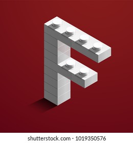 Realistic white 3d isometric letter F of the alphabet from constructor lego bricks. White 3d isometric plastic letter from the lego building blocks. Lego letters. 3d letters. 3d design