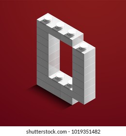 Realistic white 3d isometric letter D of the alphabet from constructor lego bricks. White 3d isometric plastic letter from the lego building blocks. Lego letters. 3d letters. 3d design