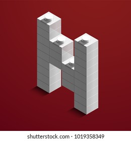 Realistic white 3d isometric letter N of the alphabet from constructor lego bricks. White 3d isometric plastic letter from the lego building blocks. Lego letters. 3d letters. 3d design
