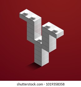 Realistic white 3d isometric letter Y of the alphabet from constructor lego bricks. White 3d isometric plastic letter from the lego building blocks. Lego letters. 3d letters. 3d design